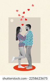 Creative photo artwork collage of young couple designed painted sweaters hearts print love story celebrate marriage hugs isolated on grey background - Shutterstock ID 2258623675