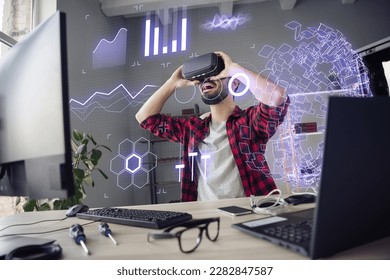 Creative photo banner collage of young engineer man simulation finance system wear headset virtual reality risk management isolated indoors - Powered by Shutterstock