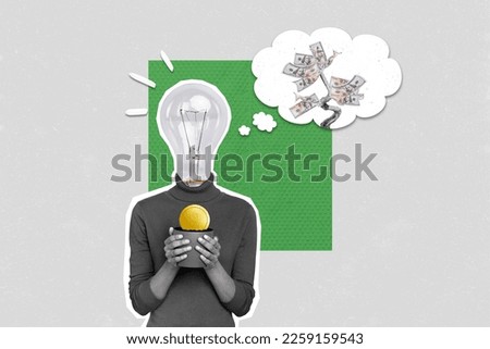 Creative photo collage 3d illustration of headless woman lamp instead of head hold pot with coin isolated on white color background