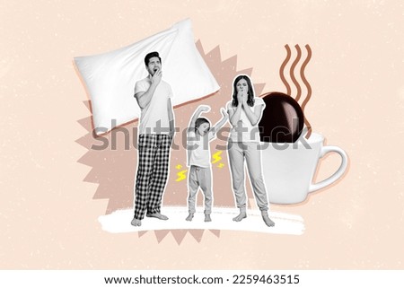 Creative photo collage 3d illustration of funny happy family wake up early morning stretching yawn isolated on pink color background
