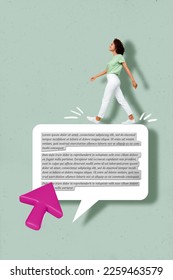 Imagen creativa del concepto de arte de collage de la joven mujer positiva miniatura caminando sobre materiales información de Wikipedia aislada en fondo gris