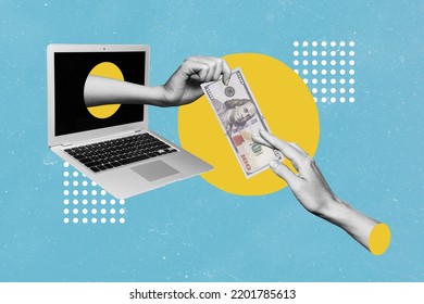 Creative photo collage artwork postcard poster sketch of money payment for subscription inside netbook isolated on painting background