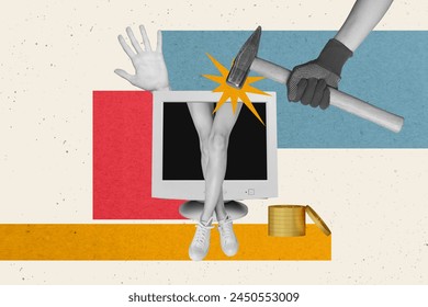 Creative photo collage computer screen hand master hold hammer smash destroy hit monitor woman legs golden coins drawing background