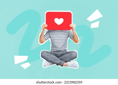 Creative photo collage of headless funny guy addicted from social media sitting hold postcard like isolated on blue color background