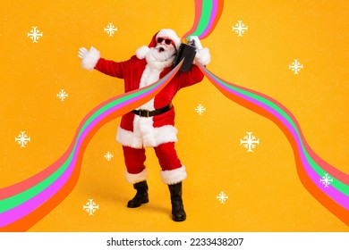 Creative photo collage illustration of funny crazy santa claus hold boombox on shoulder singing song isolated on pink color background - Powered by Shutterstock