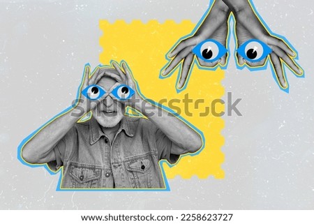Creative photo collage illustration of funny funky good mood old man fingers on eyes look at hands isolated on grey color background