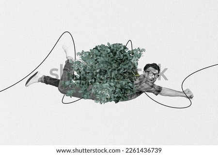 Creative photo collage illustration, of impressed funny guy look at branch instead of cloak flying isolated on white color background