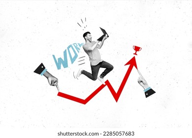 Creative photo collage illustration of positive cheerful crazy man holding laptop running distance work isolated on painting background