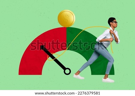 Creative photo collage illustration template of young hard working woman pull arrow to get more income isolated drawing background