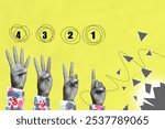 Creative photo collage image hands body fragment count numbers nonverbal gestures fingers one two three four drawing background