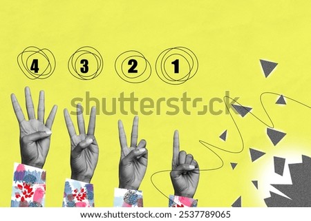 Creative photo collage image hands body fragment count numbers nonverbal gestures fingers one two three four drawing background