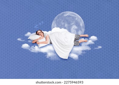 Creative photo collage image picture artwork dreamy cute girl lying falling asleep comfy place isolated painted background
