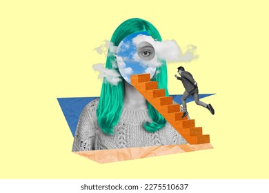 Creative photo collage of man hurry running upstairs to faceless one eyed girl sky instead of face isolated on painting background