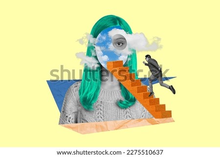 Creative photo collage of man hurry running upstairs to faceless one eyed girl sky instead of face isolated on painting background