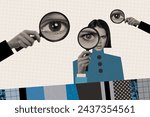 Creative photo collage picture young girl hold zoom magnifying glass enlarger look investigate examine peek eye checkered background