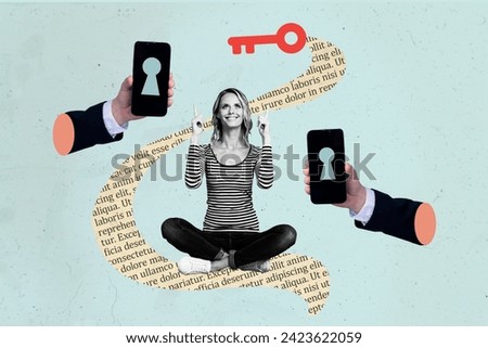 Creative photo collage picture young woman showing pointing up smartphone key lock defense antivirus security drawing background