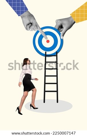 Creative photo collage poster advert get career growing progress business manager lady walk ladder successful target isolated on white background