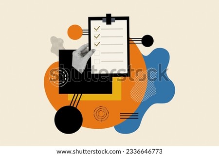 Creative photo collage quiz test click checkmark tick icon complete test examination paper document done isolated on beige drawn background
