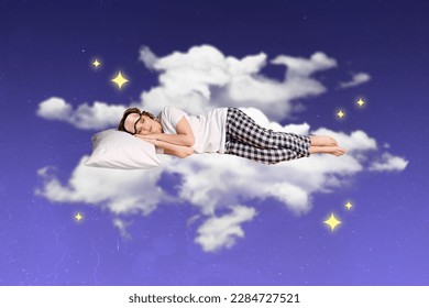 Creative photo collage of relaxed sleeping young attractive girl tired wear pajama nightmask pillow heaven imagination isolated on painted background