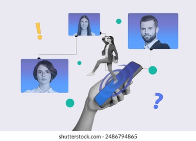 Creative photo collage remote work smartphone picture avatars profiles web interface connection network modern technology