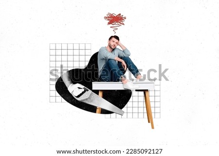 Creative photo collage sketch artwork illustration of upset sad unhappy disappointed man siting on table isolated on drawing background