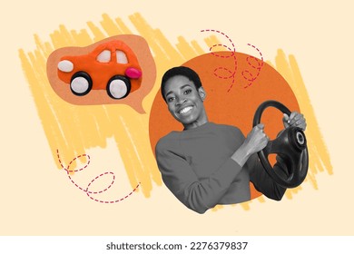 Creative photo collage sketch positive nice woman holding steering wheel dreaming about first vehicle isolated drawing background