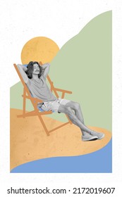 Creative Photo Collage Sketch Of Traveler Guy Enjoying Relax Sun Bathing On Deck Chair Isolated Cartoon Background