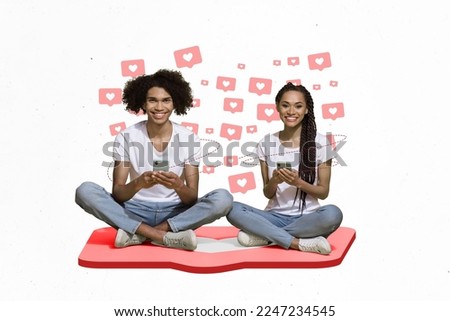 Creative photo collage of two young positive people sit use gadgets smartphone chat remote feelings love online isolated on white color background