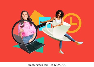 Creative photo collage workers time deadline senior woman glass wine drink laptop schedule coffee cup energy americano drawing background - Powered by Shutterstock