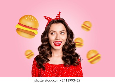 Creative photo collage young beautiful pretty girl licking lips tasty yummy burger junk food tempting seductive meal drawing background
