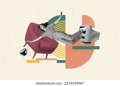 Creative photo collage of young excited lady falling out old vintage computer display workplace armchair remote job isolated on drawing background - Shutterstock ID 2274194987