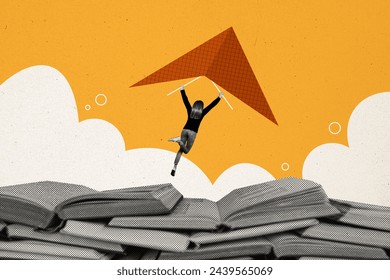 Creative photo collage young girl paper airplane flight bookworm reader literature learner preparation exam drawing background - Powered by Shutterstock