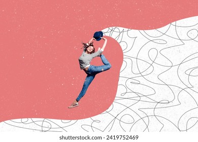 Creative photo collage young happy cheerful girl ballerina dancing aerobics hat cylinder joyful doodles drawing background