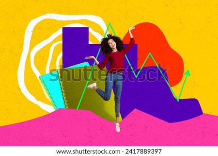 Creative photo collage young happy cheerful girl student copybooks dynamic chart arrow progress rise upwards drawing background