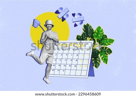 Creative photo collage photo of youngster crazy guy summertime hobby outdoors catcher lowcost tickets calendar isolated on blue background