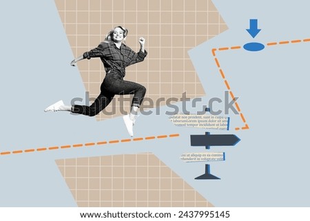 Creative photo image illustration young positive girl jumping huge step roadsign show direction right way arrow destination point