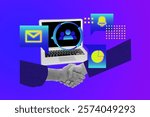 Creative photo poster trend art collage image of two hands shake gesture cyberspace cooperation icon envelope bell notification deal