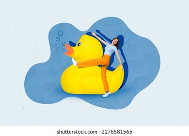 Creative photo poster of young careless positive girl have fun summertime walking yellow huge rubber duck bath time isolated on gray background