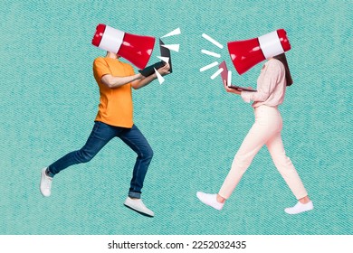 Creative photo of young coworkers remote project managers announcement orators head megaphone hold netbook isolated on blue color background - Powered by Shutterstock
