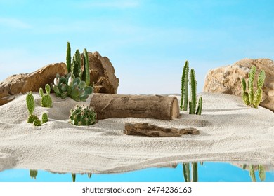 Creative photography on desert oasis with the yellow sand side scene over blue sky background, desert cactus, a log and rocks, beside a lake. Frontal shot photo with copy space for text - Powered by Shutterstock