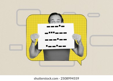 Creative picture collage amazed impressed shocked man peek stare watch look hold placard blind language braille textbox reply message - Powered by Shutterstock