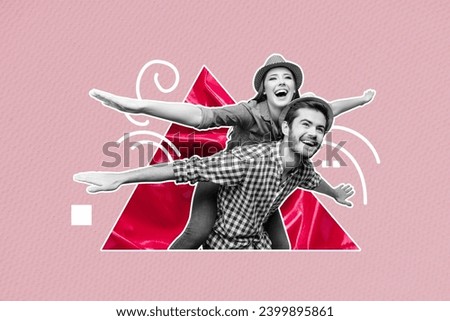 Creative picture collage artwork happy smiling young lovers have vacation trip imitating flying bird have fun relationship joy