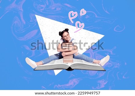 Creative picture collage photo magazine poster of lovely cute girl sitting hugging pile stack favorite books isolated on painted background