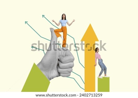 Creative picture collage successful charts arrow go upwards positive dynamic progress results standing young girl reach goal strategy