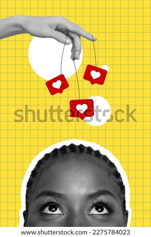 Creative picture collage of young lady head face look up many likes hearts social network popularity market plan concept