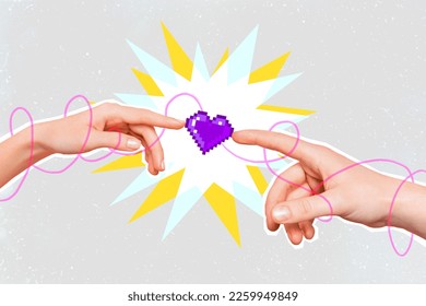 Creative picture image artwork collage photo poster two human hands hold heart warm feelings romance isolated painted background