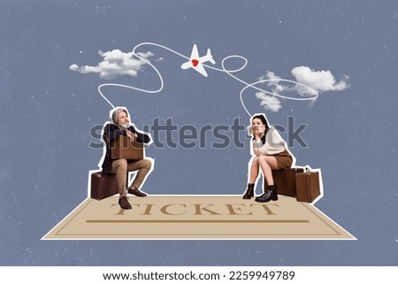 Creative picture image artwork sketch collage photo poster of people waiting flight abroad weekend trip isolated on painted background