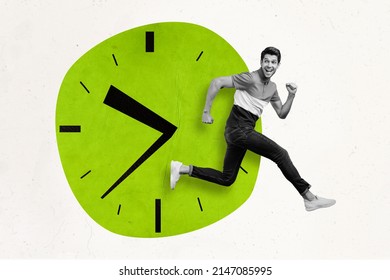 Creative picture of sportive energetic person black white filter run hurry isolated on drawing clock background