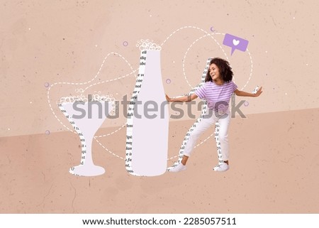 Creative picture template collage of fun funky young lady enjoying juicy soft drink with sparkling bubbles