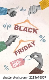 Creative Picture Voucher Collage Of Different People Hold Hangers With Black Friday Labels On Drawing Percents Background